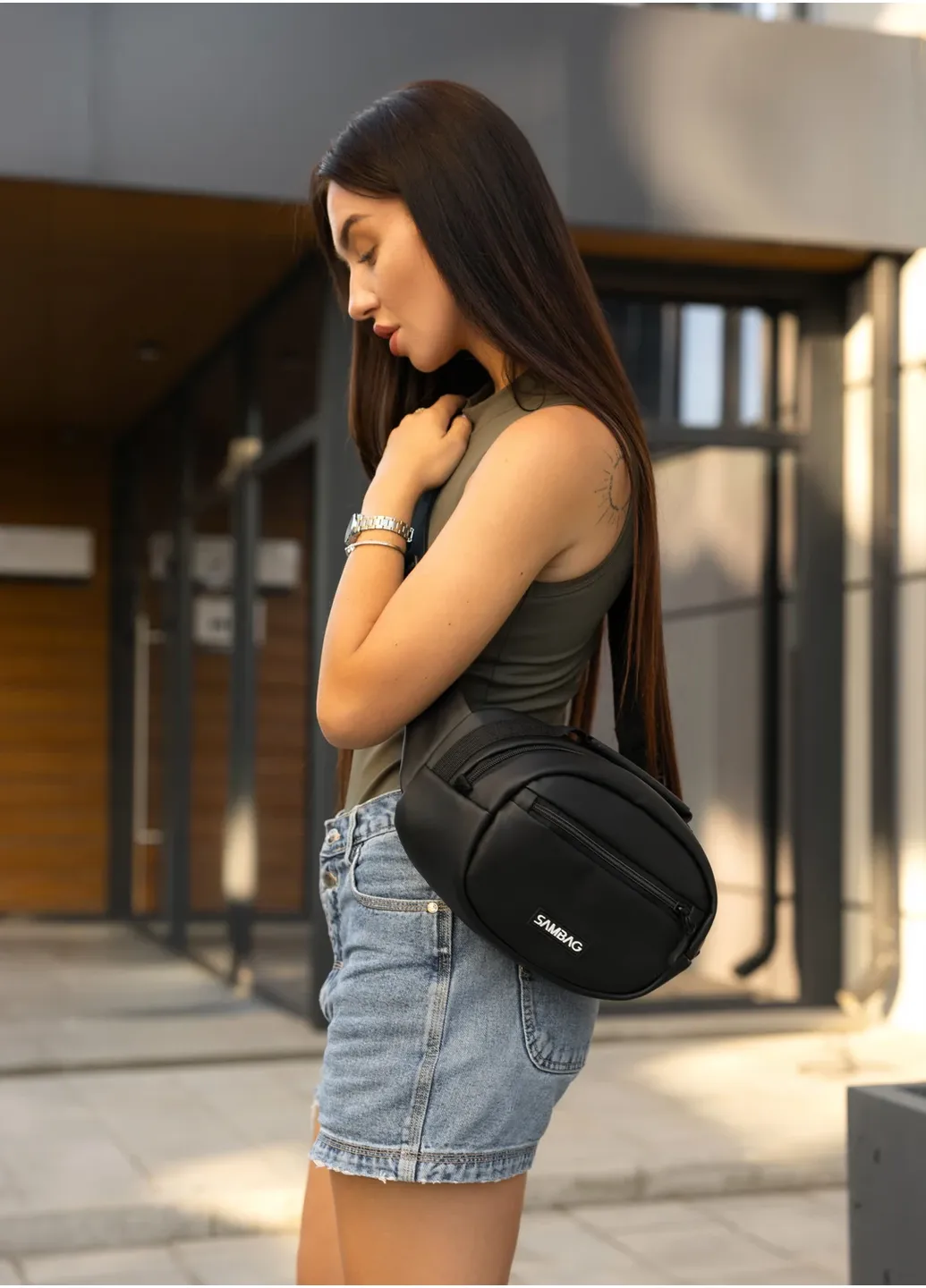 Жіноча сумка-бананка через плече Flex 30х17х10 см екошкіра чорна Sambag (412026781)