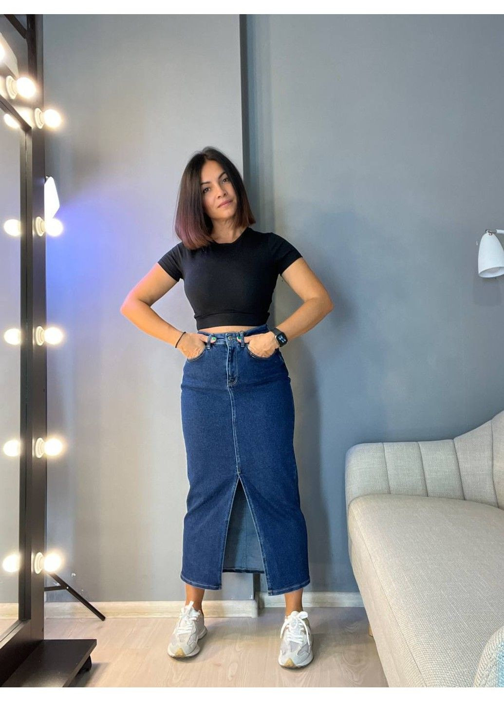 Спідниця жіноча 3805 джинсова розріз з попереду довга стрейчева Zeo Basic (304548500)