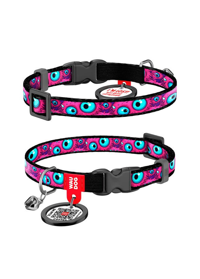Ошейник для котов Nylon c QR паспортом, рисунок "Глаз монстра", пластиковый фастекс, XS, Ш 10 мм, Дл 20-30 см WAUDOG (330245235)