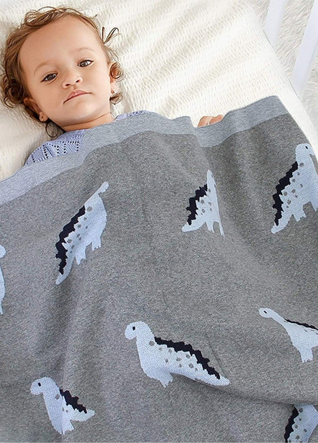 Плед Детский Хлопок 80х100 см Вязаный Серый Динозавры Lovely Svi Плед в'язаний (323159131)