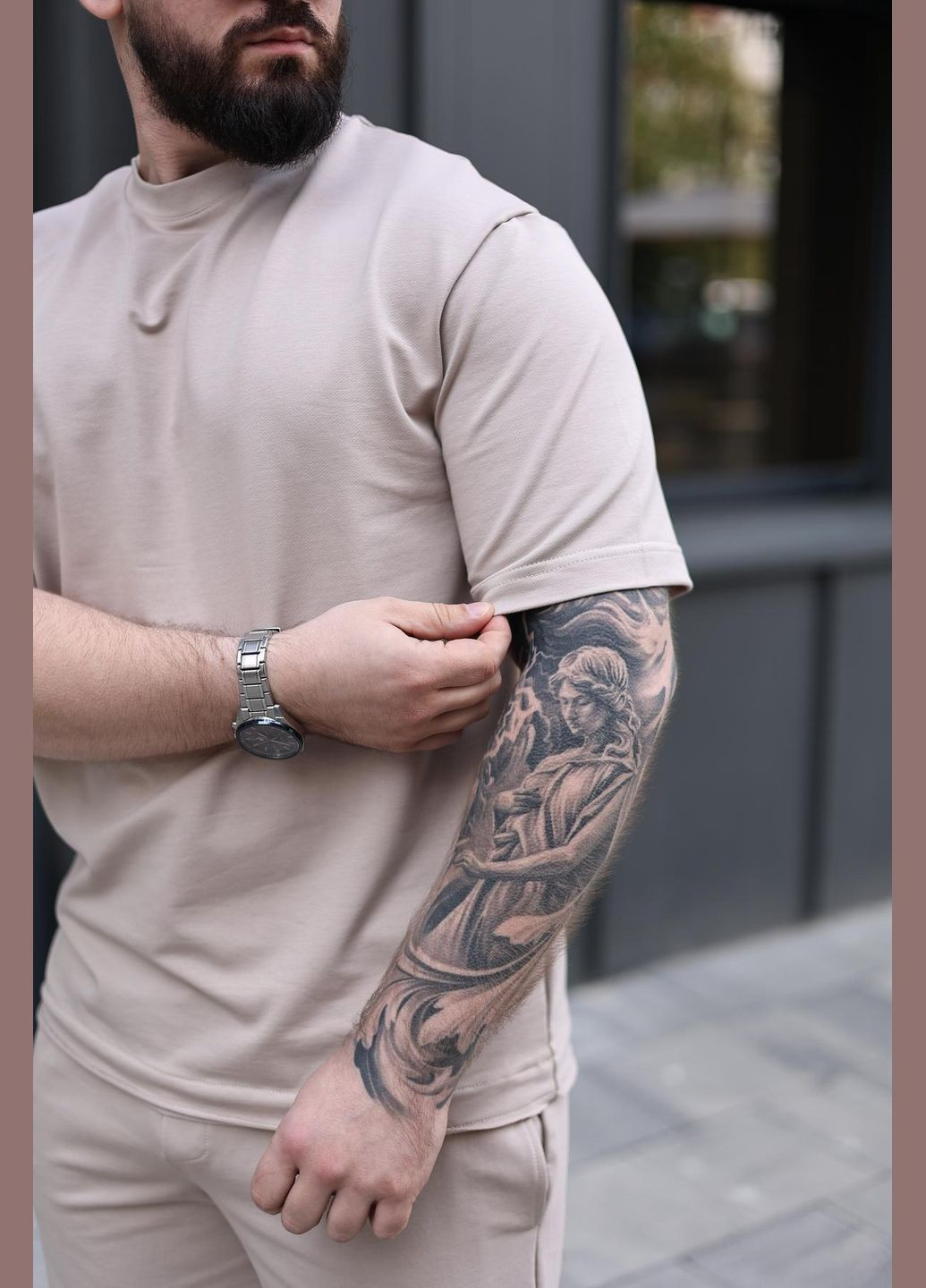 Бежевая футболка мужская оверсайз топ качество No Brand