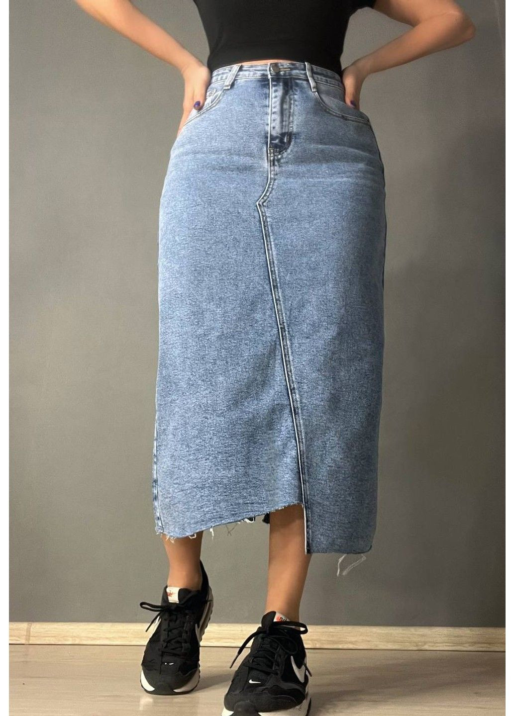 Голубая юбка женская джинсовая 503 длинная ассиметричная с разрезом голубая Moss