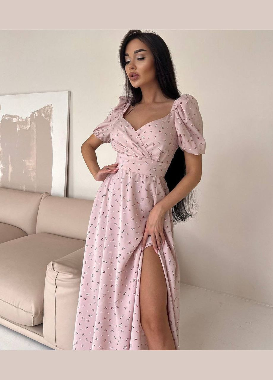 Пудровое повседневный женское платье с разрезом в цветочный принт а-силуэт Україна с цветочным принтом