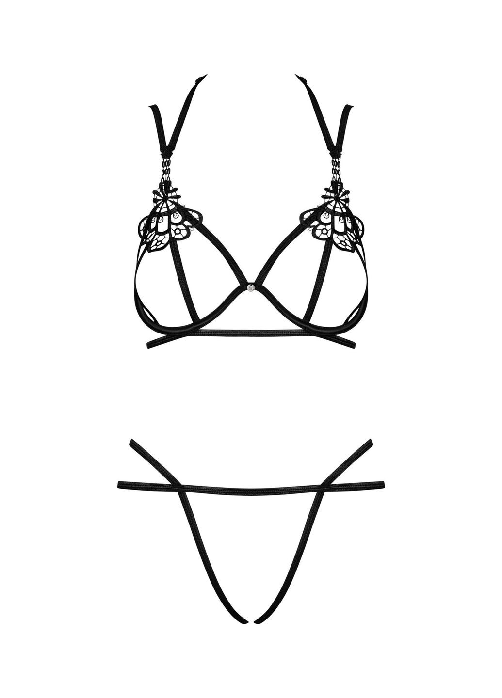 Черный демисезонный эротический комплект со стрепом badossa 2-pcs set с доступом, бюстгальтер, стринги, черный - cherrylove Obsessive