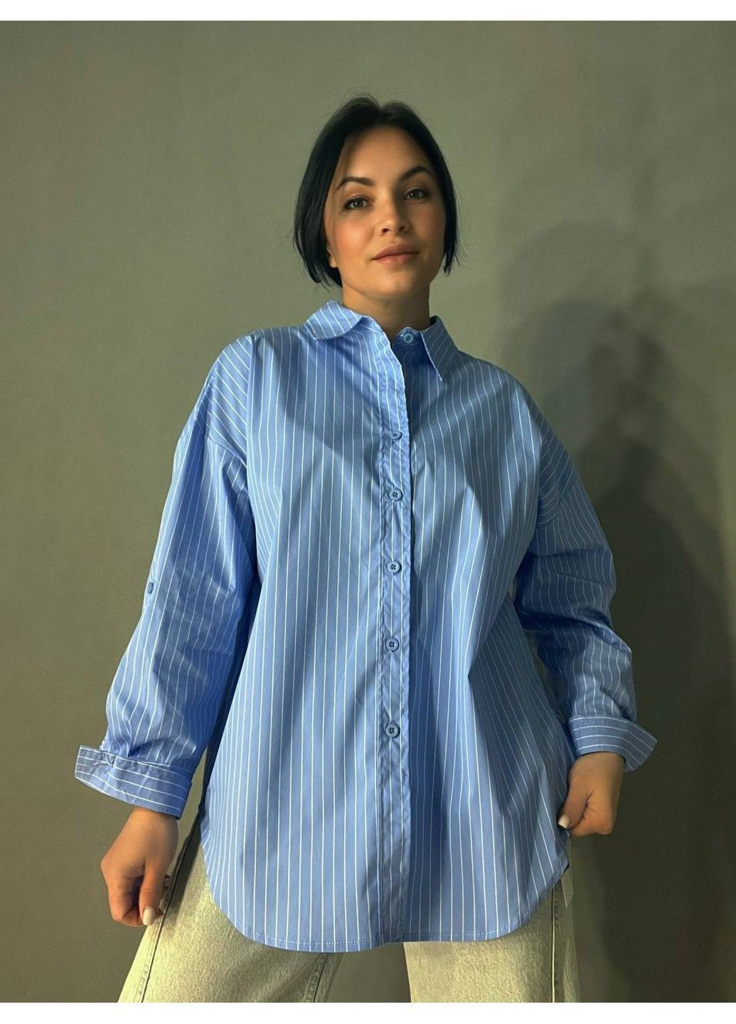 Сорочка жіноча A-N 25130 смужка оверсайз подовжена широка one size блакитна No Brand (319315328)