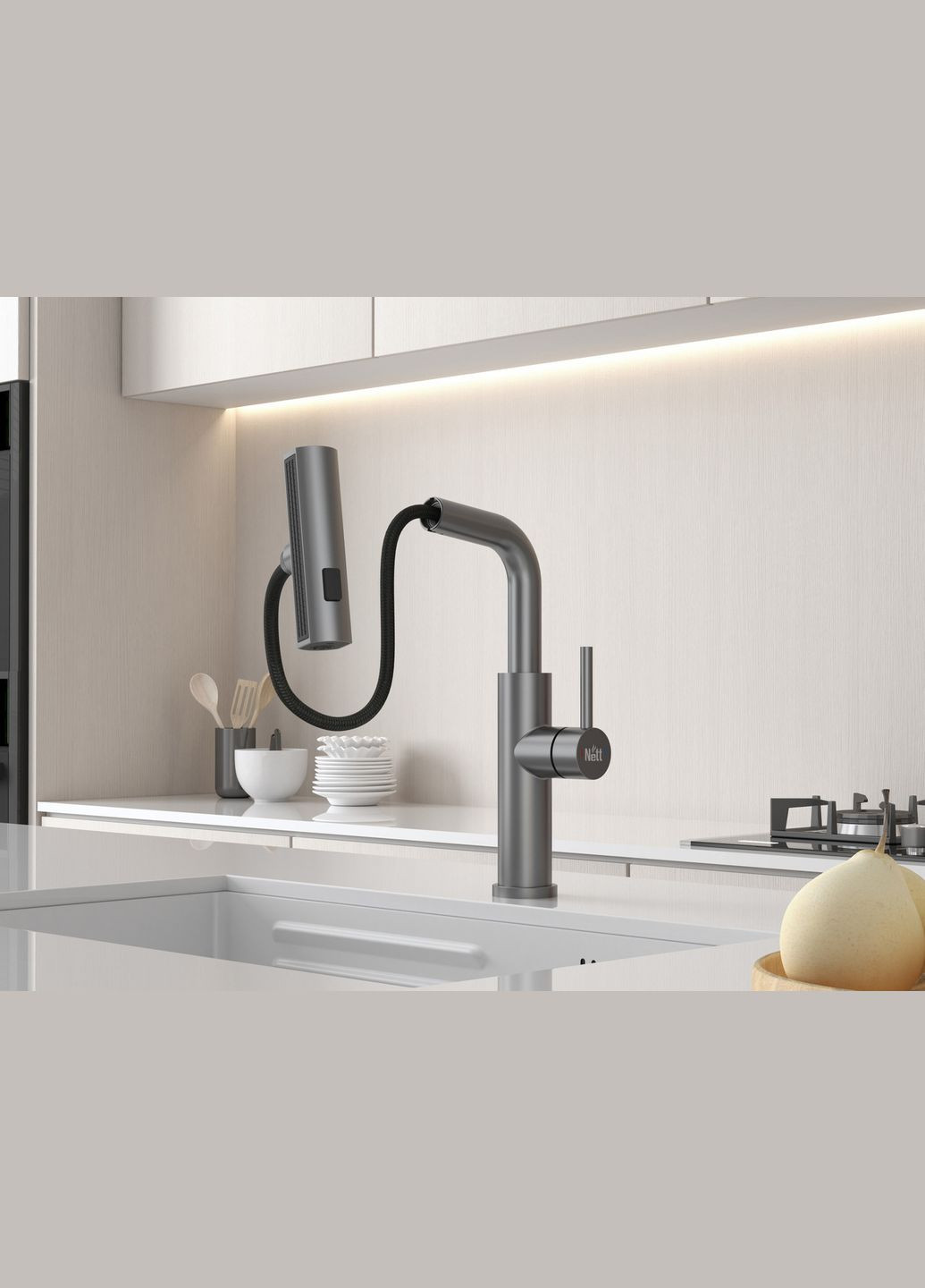 Змішувач на кухню водоспад із висувною лійкою графіт LGr-35 Nett (337718076)