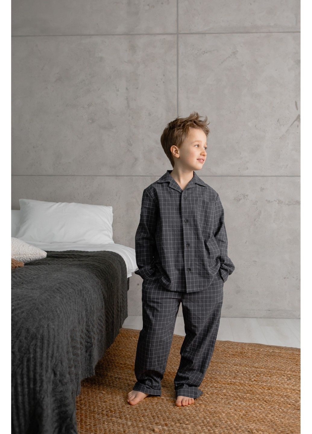 Сіра всесезон піжама дитяча в клітинку варена бавовна homely графіт сорочка + брюки Handy Wear