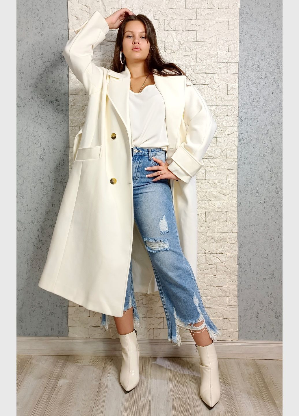 Молочное демисезонное Пальто двубортное Hot Fashion