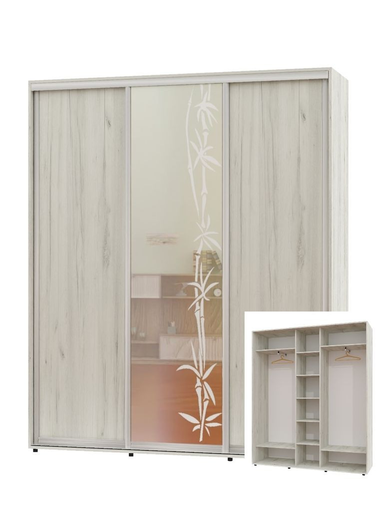 Шкаф-купе трехдверный 190*45*230 Дуб крафт белый 2 ДСП/Зеркало с пескоструйным рисунком ШК-04 Алекса (360454093)