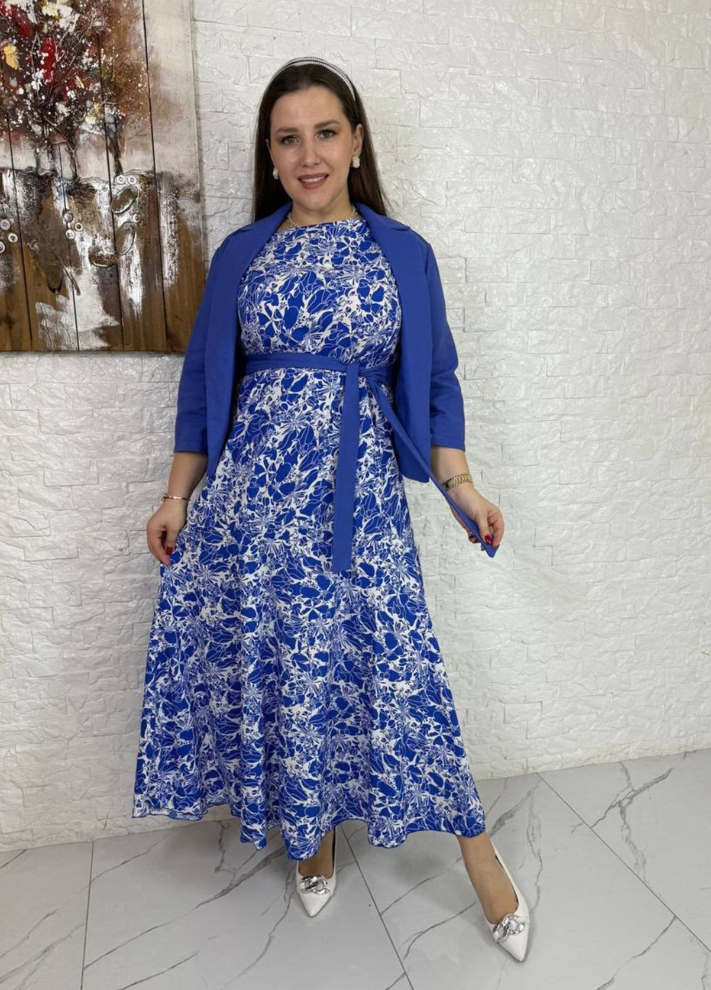 Жіночий комплект із сукнею з софту та лляним жакетом із поясом Tik-Tak (340334664)