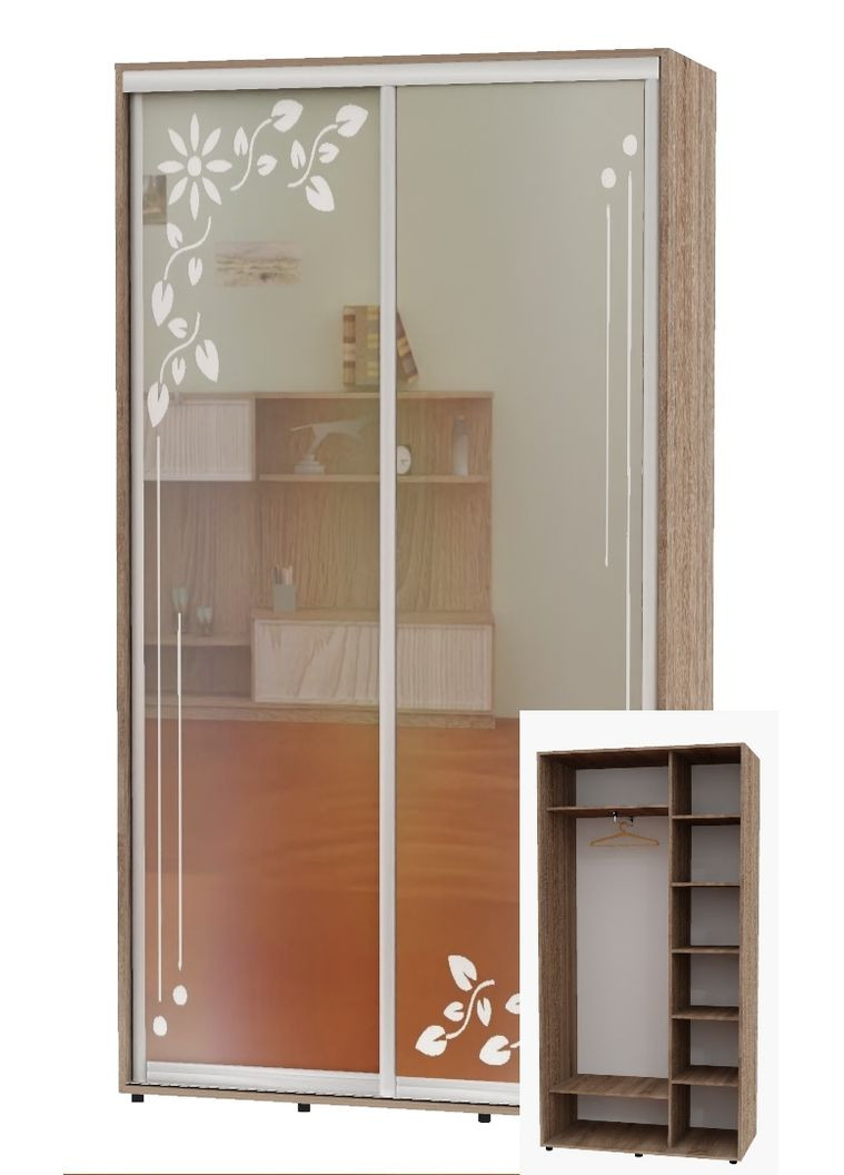 Шкаф-купе двухдверный 130*45*220 Дуб Сонома трюфель Зеркало с пескоструйным рисунком Алекса (360477005)