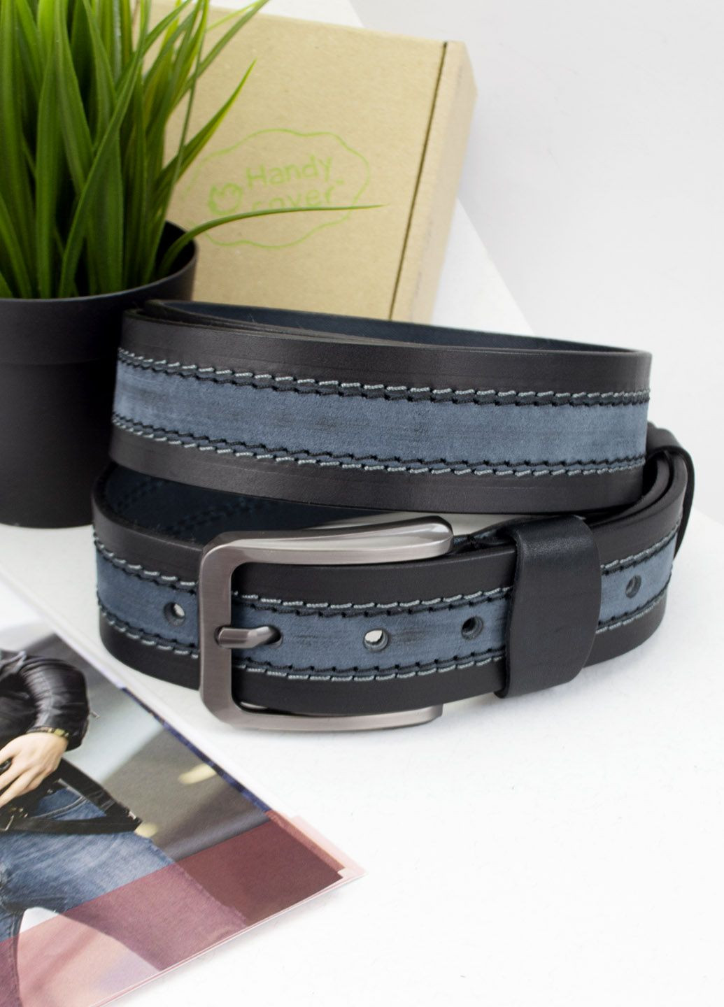 Ремінь чоловічий шкіряний батал 145 см SF-405 XXL під джинси синій SFIP (328198293)