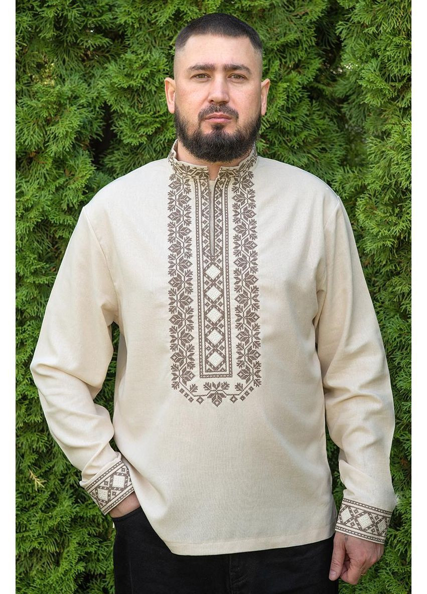 Бежевая мужская бежевая льняная вышиванка с коричневой вышивкой с длинным рукавом V&V узор орнамент прямой, приталенная, свободная лен (364864727)