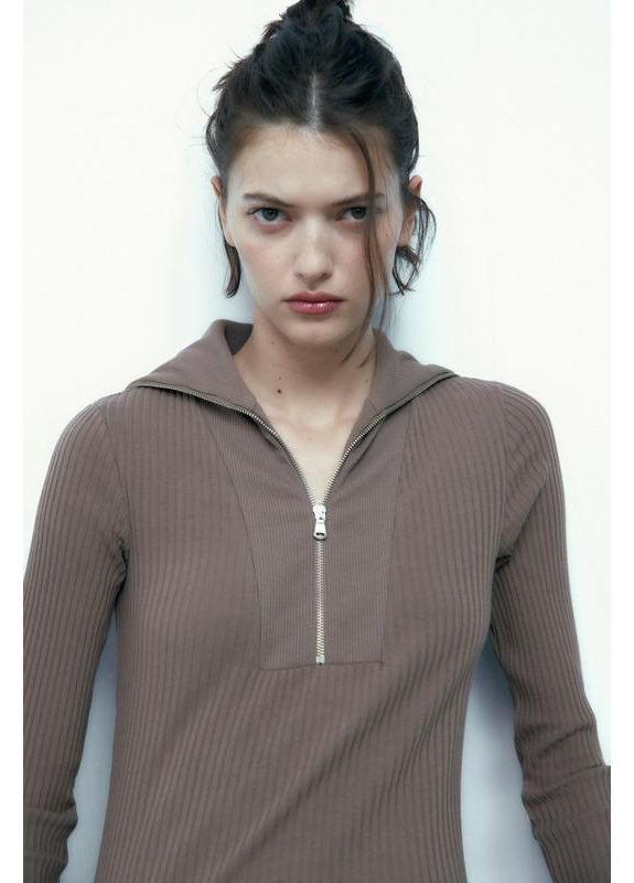 Коричневое платье в рубчик меди с молнией Zara