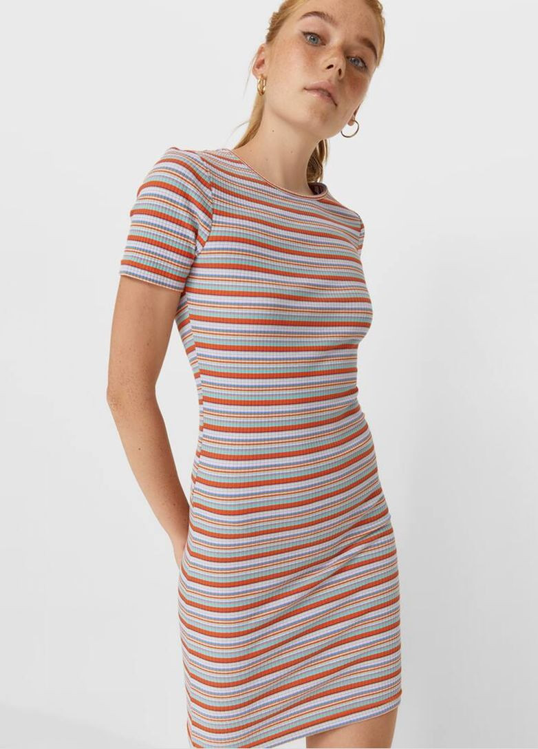 Комбинированное кэжуал платье в рубчик Stradivarius однотонное