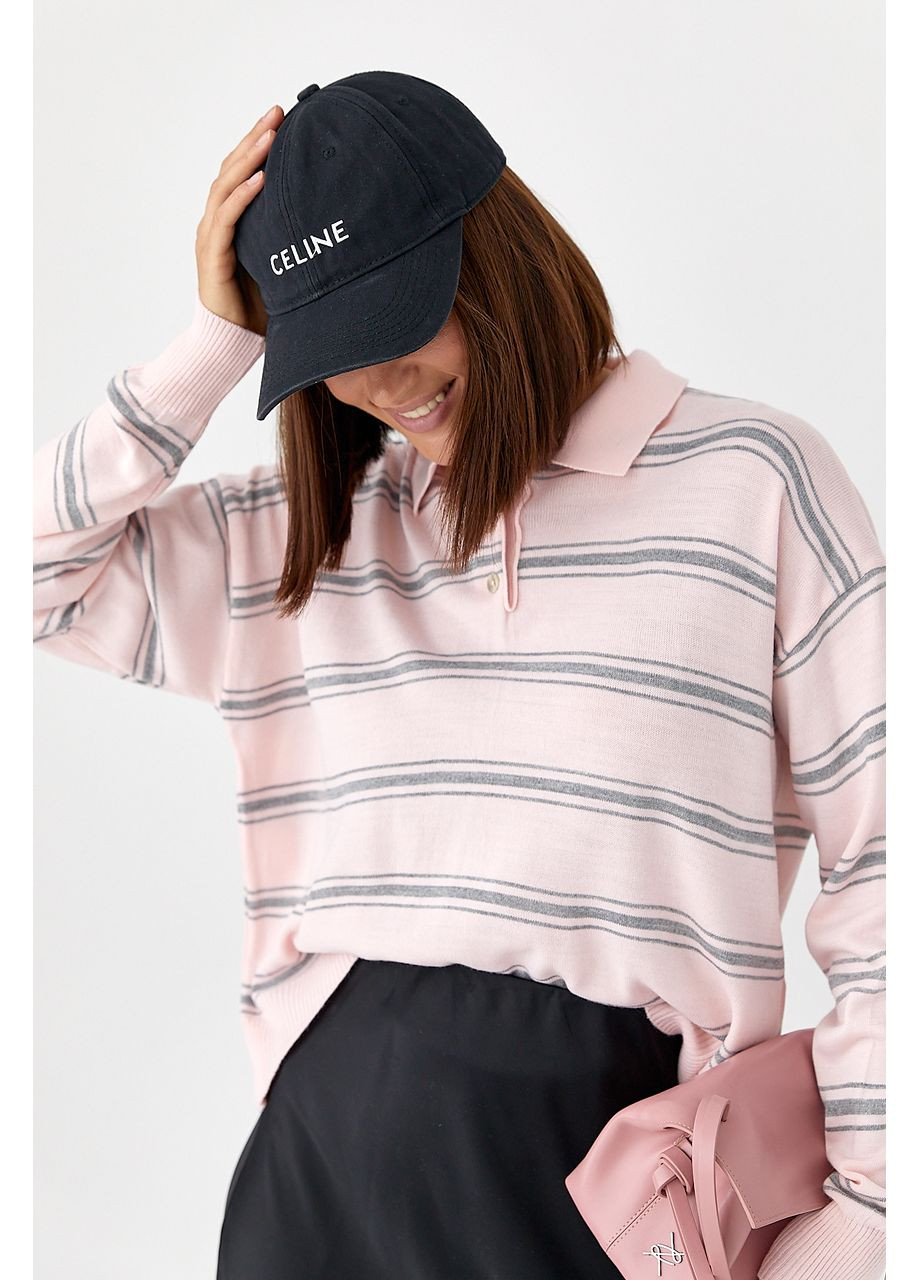 Пудровий демісезонний в'язаний смугастий светр-поло - пудра колір Lurex