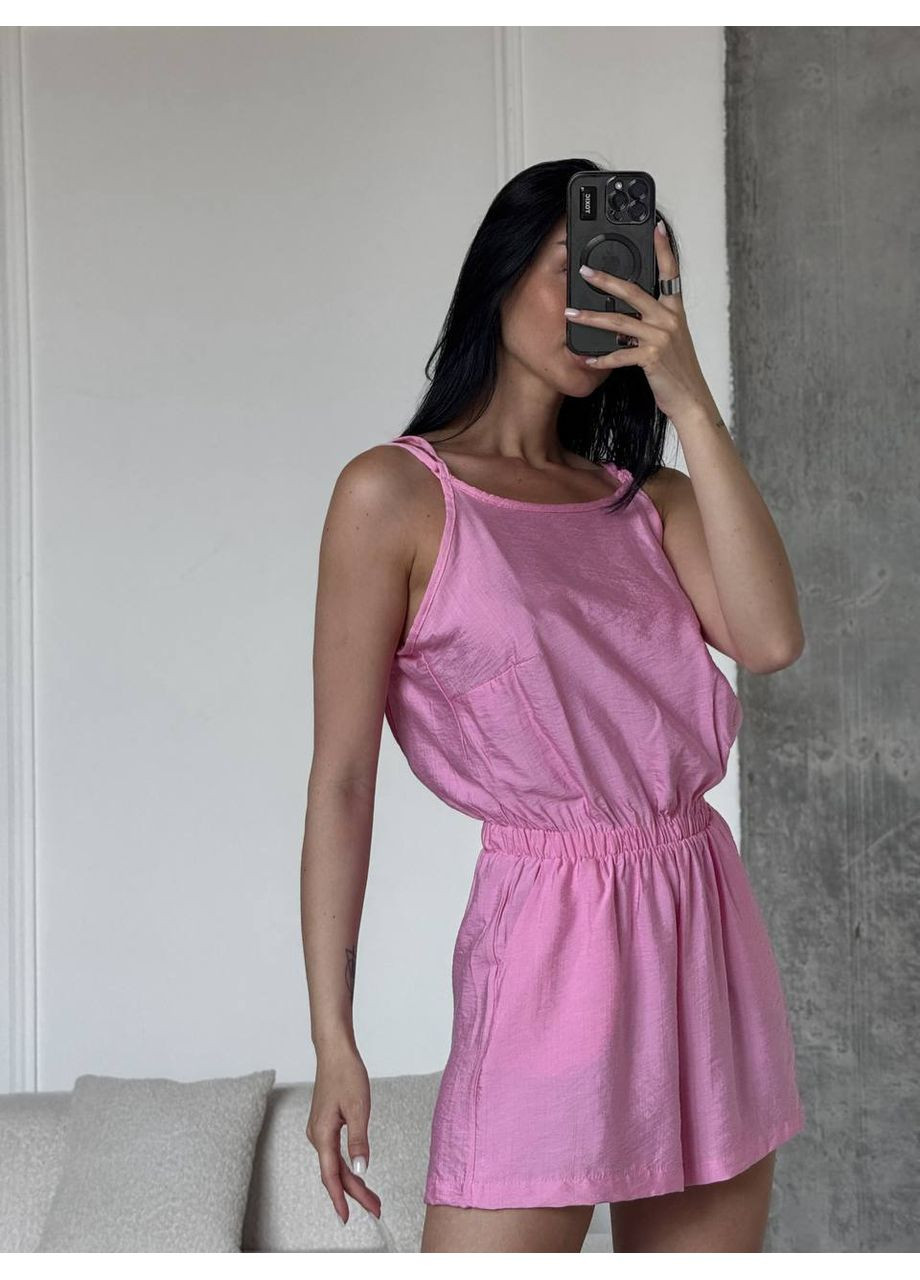 Жіночий літній комбінезон Україна комбінезон-шорти однотонний рожевий кежуал льон, шовк