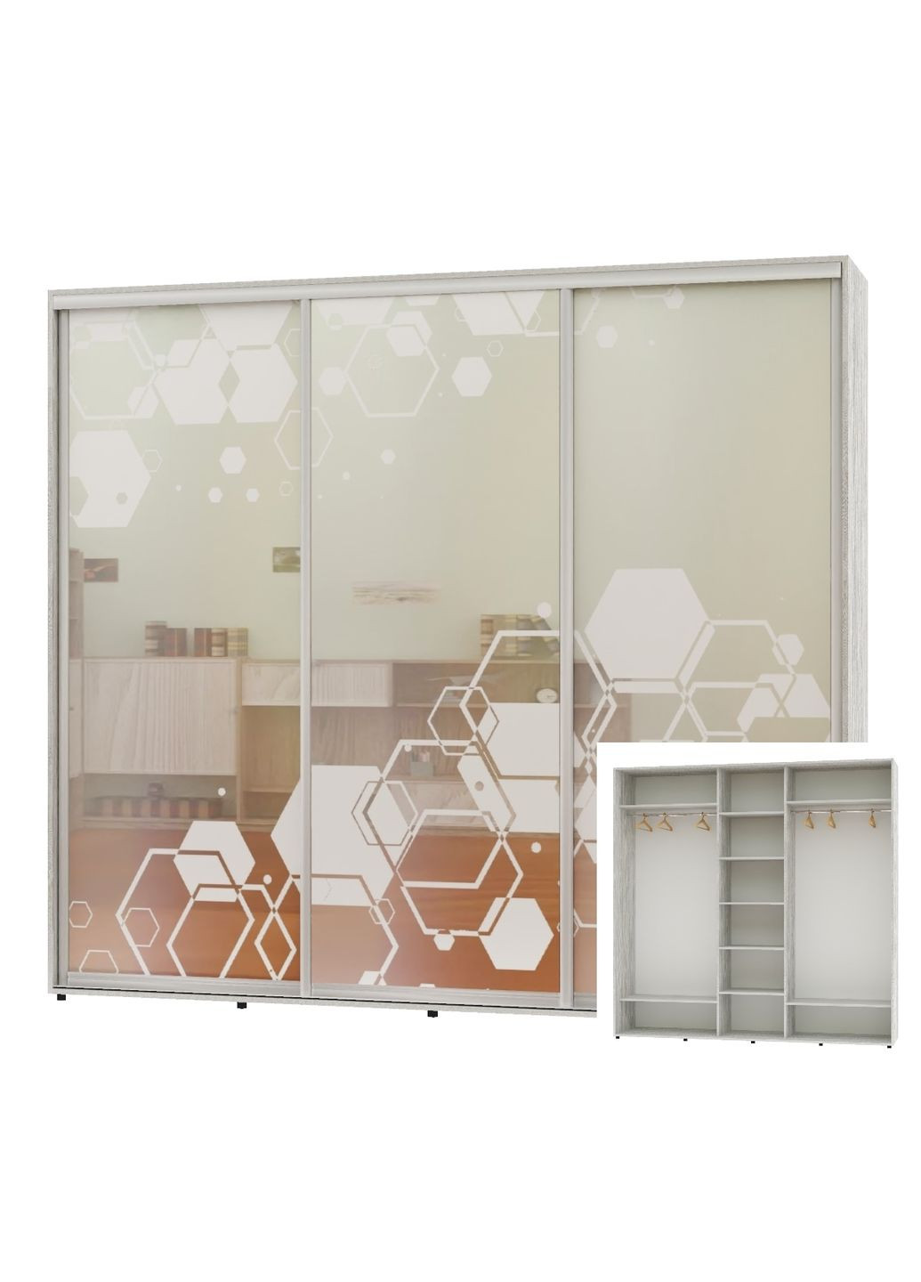 Шкаф-купе трехдверный 250*60*220 Сосна Натти Зеркало с пескоструйным рисунком ШК-04 Алекса (360478145)