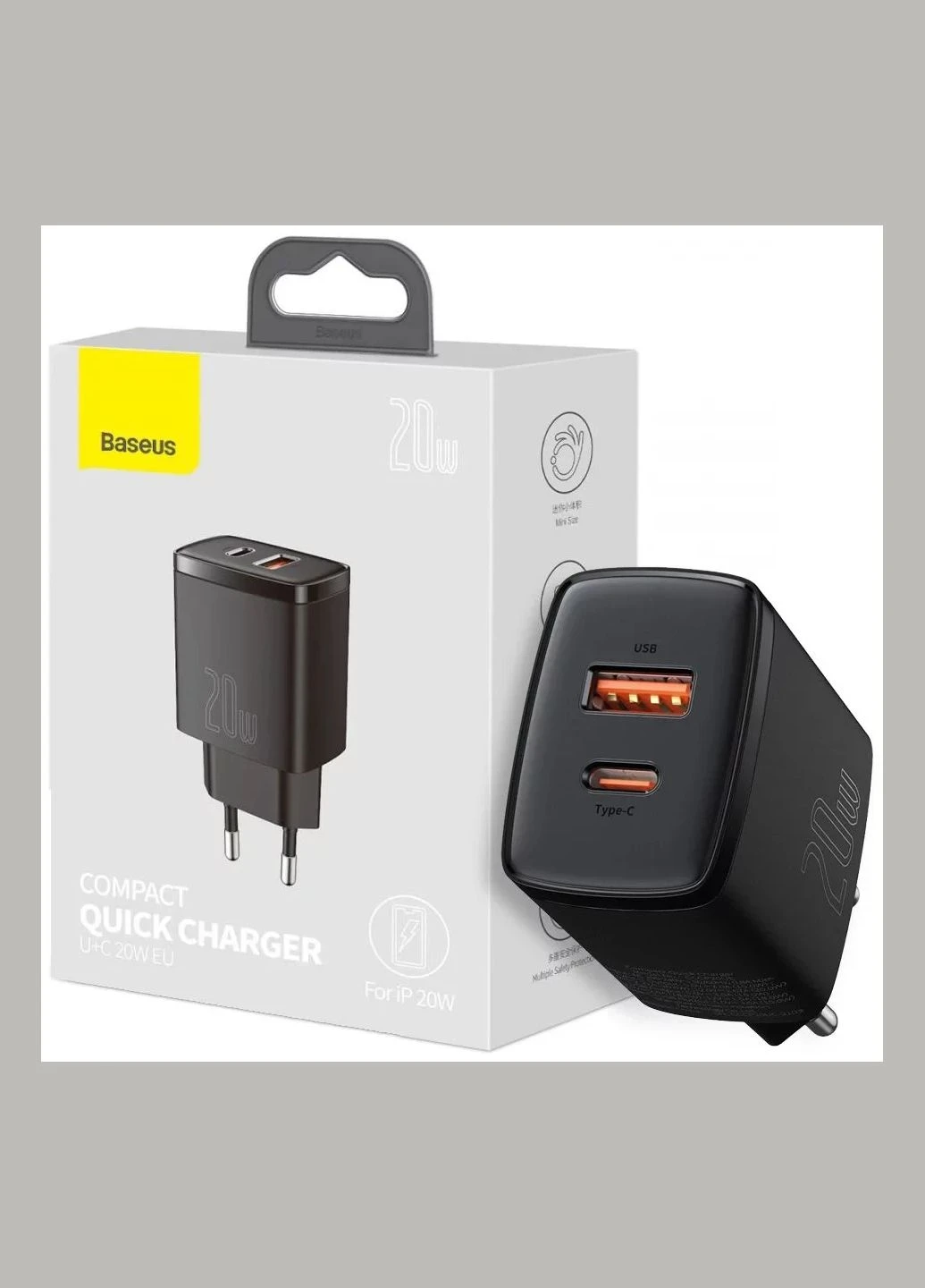 Компактний швидкий зарядний пристрій 20 W 2 порти (1Type-C + 1 USB) чорний CCXJ-B01 Baseus (326811276)