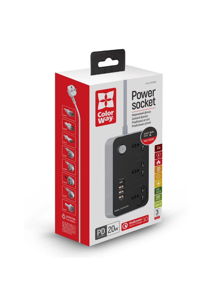 Мережевий подовжувач 3 розетки + 4 USB QC3.0&PD (Black) CW-CHU34PDB Colorway (339085002)