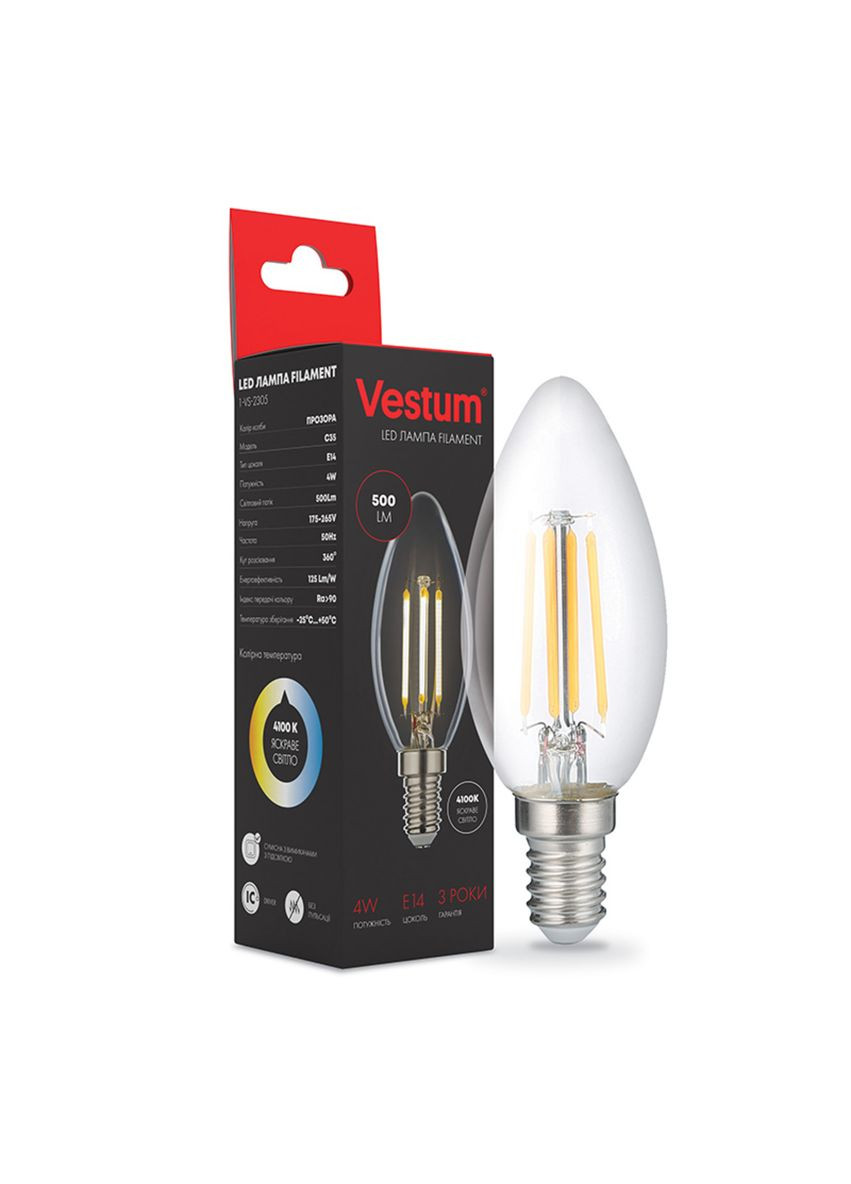 Світлодіодна філаментна лампа С35 Е14 4Вт 220V 4100К 1-VS-2305 Vestum (355926891)