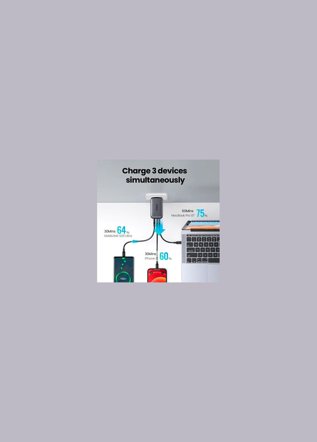 Зарядное устройство (10335) Ugreen 3xUSB 65W GaN (2хUSB-C+USB-A) CD244 Grey (370016207)