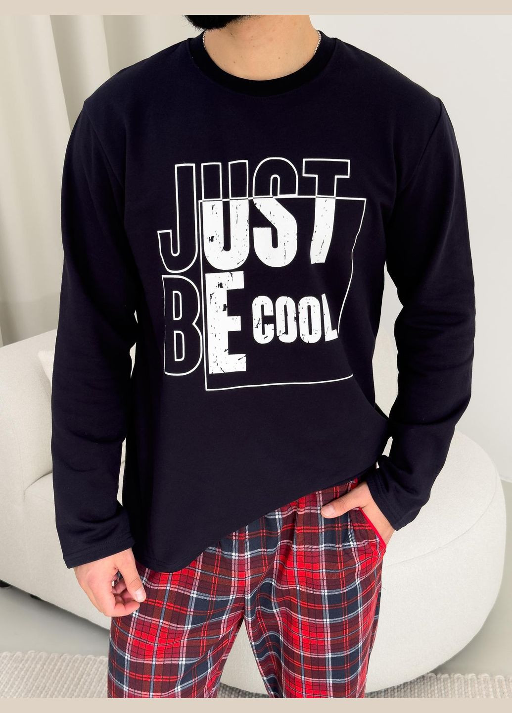 Піжама чоловіча тепла Just be COOL (штани+лонгслів) прінт, клітина червоно-синя Cosy (352769776)
