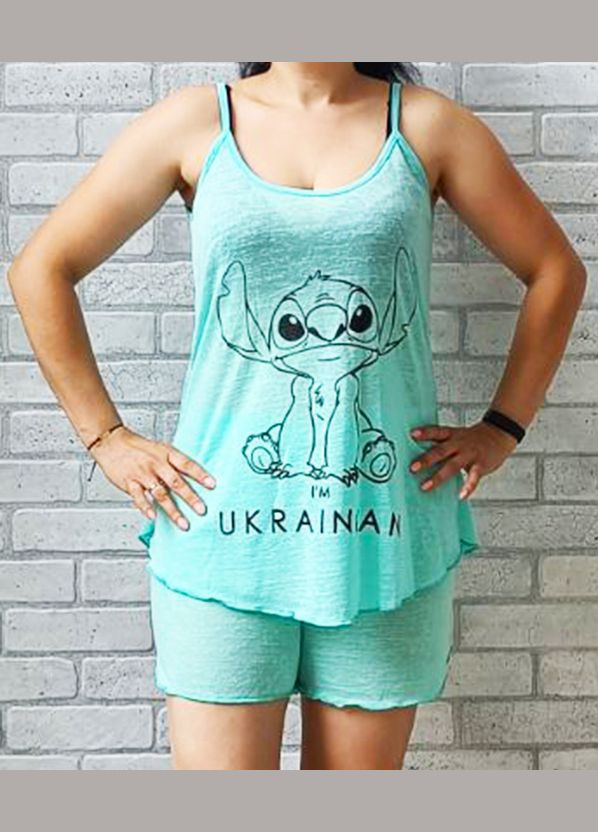 Комбинированная всесезон летняя женская пижама на тонких шпильках голубая с принтом стыч и микки маус (майка с шортами), трикотаж No Brand