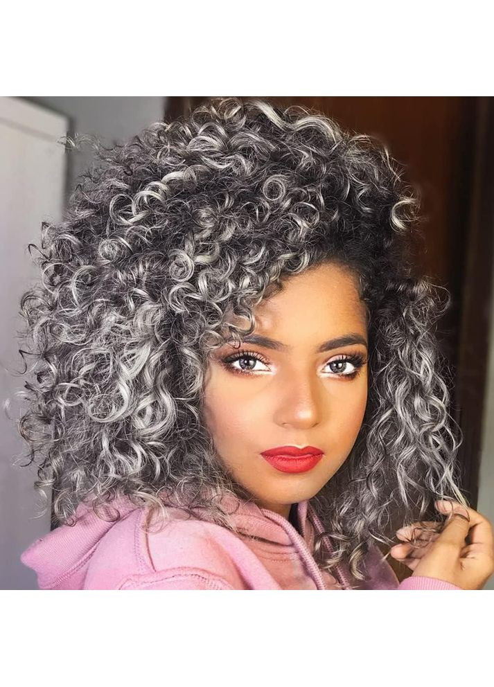 Перука кучерява афро сіра сива омбре з чубчиком, жіноча коротка синтетична термостійка, хвилясте волосся для Гелловіну No Brand (353746172)