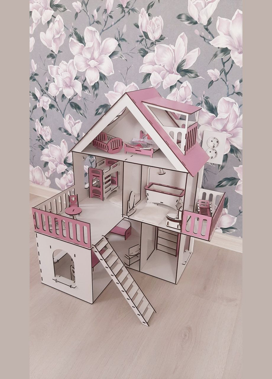 Деревянный детский самосборный кукольный домик для кукол с мебелью, с террасой, с балконом и лестницей. No Brand (305076712)