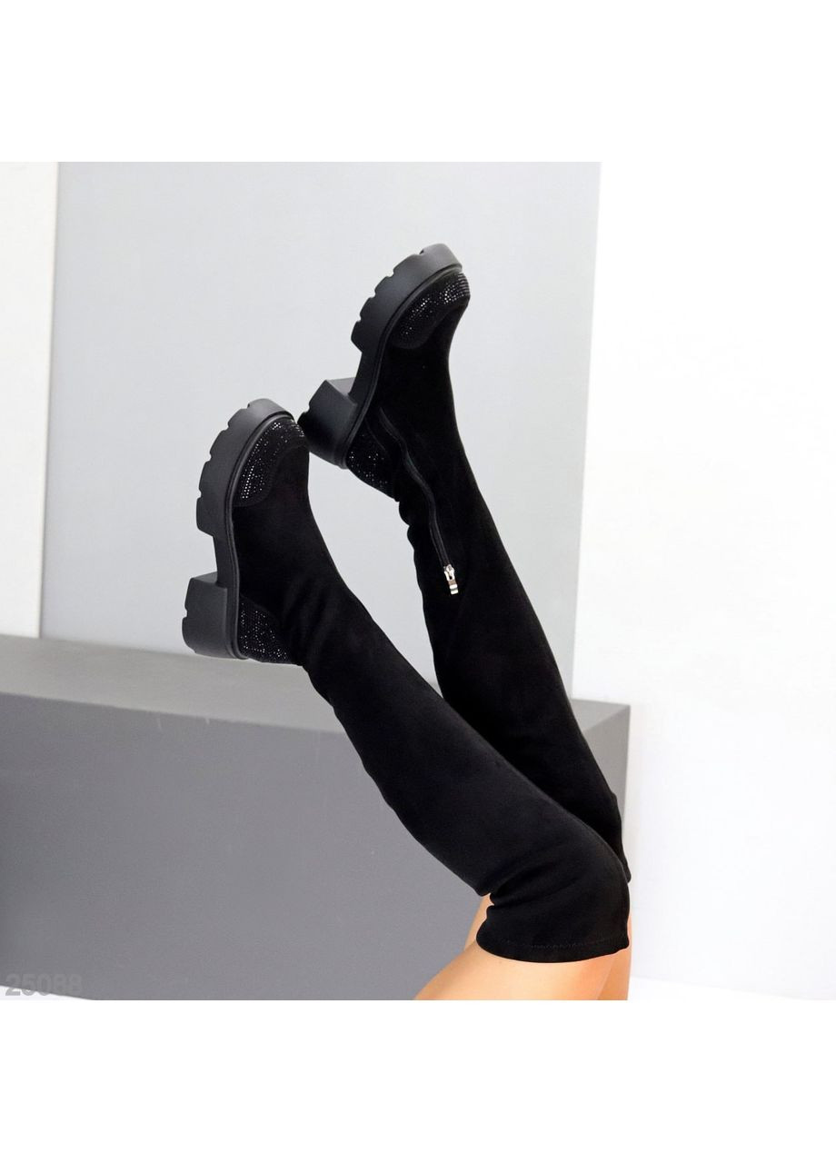 Жіночі ботфорти Linda з еко-замші стрейч, декоровані стразами, на товстій підошві No Brand (352009371)