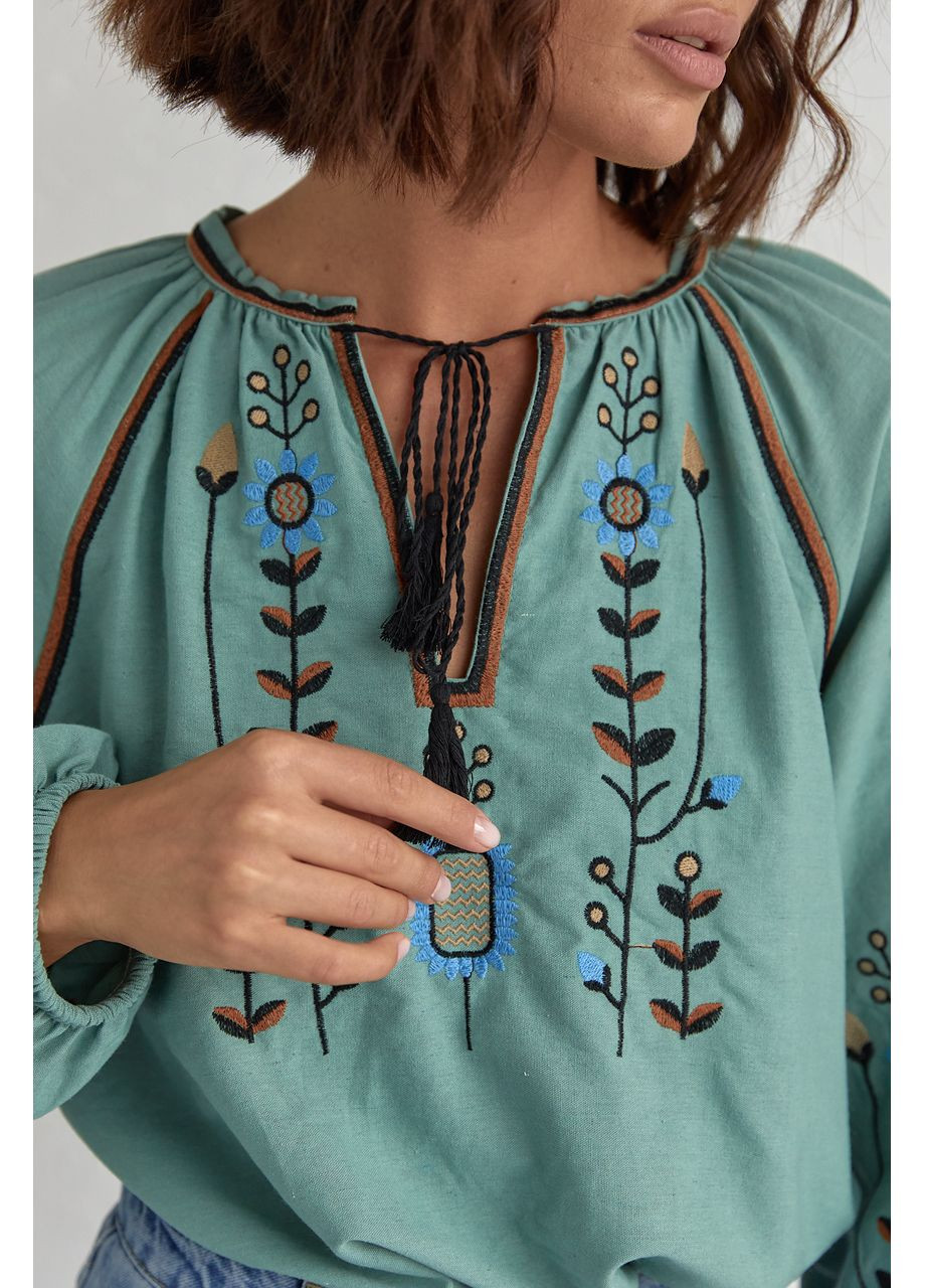 Бирюзовая женская вышиванка с пышными рукавами "васильки" ESQ прямой хлопок (349454602)