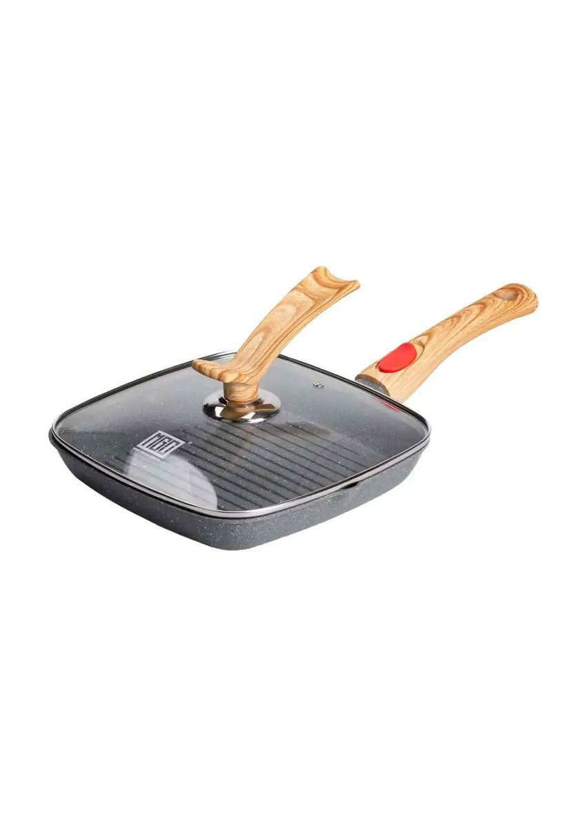 Алюминиевая сковорода-гриль 24 см со стеклянной крышкой Квадрат серый MGC Jooki (358705633)