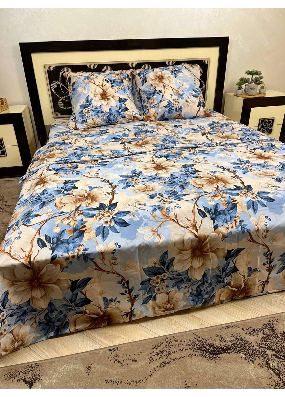 Постельное белье хлопковое Волшебный миг Двуспальное Простынь на резинке 180x200х20 Бязь Голубое 70 х 70 No Brand (361147305)