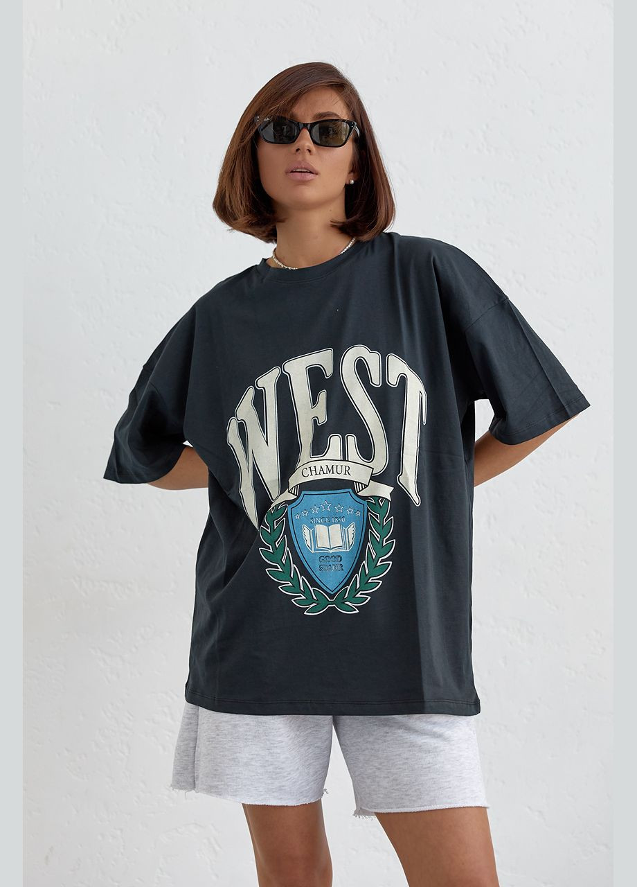 Чорна літня бавовняна футболка оверсайз з написом west 24224 з коротким рукавом Lurex