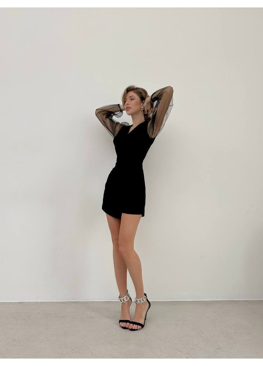 Женский комбинезон No Brand комбинезон-шорты однотонный чёрный повседневный, вечерний, деловой, кэжуал креп-дайвинг