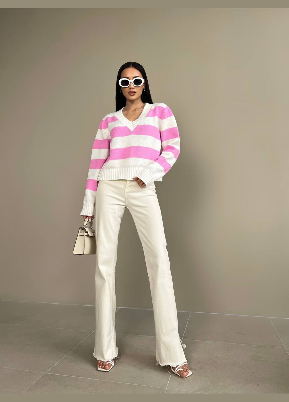 Женский свитер с V-образным вырезом цвет молочный-розовый р.42/46 432194 New Trend (285711098)