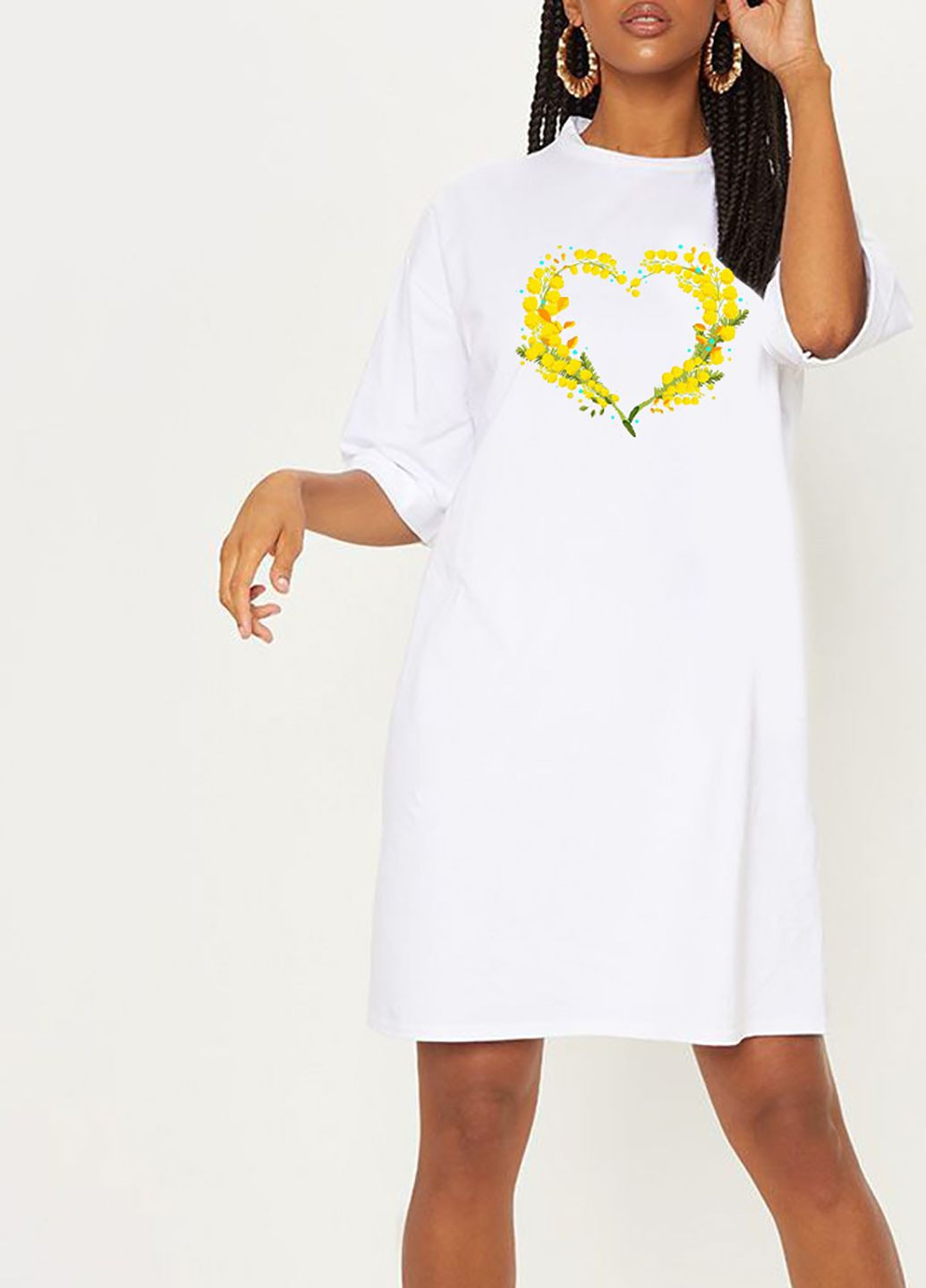 Белое платье-футболка белое с удлиненным рукавом enchanted florals heart Love&Live с рисунком