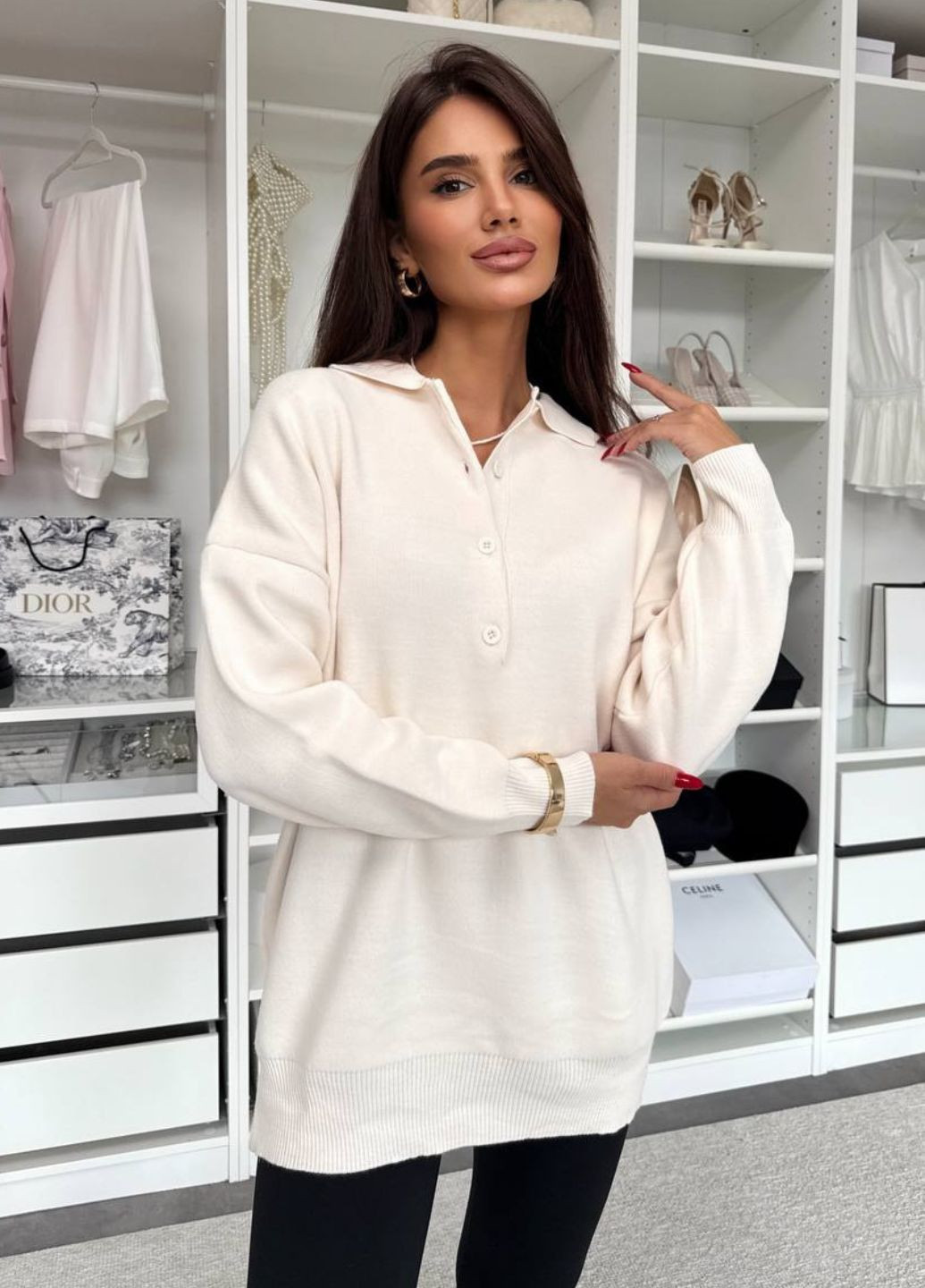 Молочний демісезонний базовий повсякденний демісезонний оверсайз светр на гудзиках з відкладним коміром Allthings