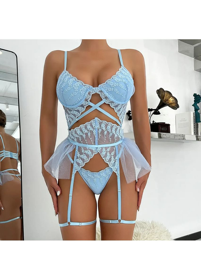 Голубой демисезонный кружевный голубой комплект с поясом. сексуальный кружевной комплект белья с поясом для чулок лиф на голубой косточках No Brand