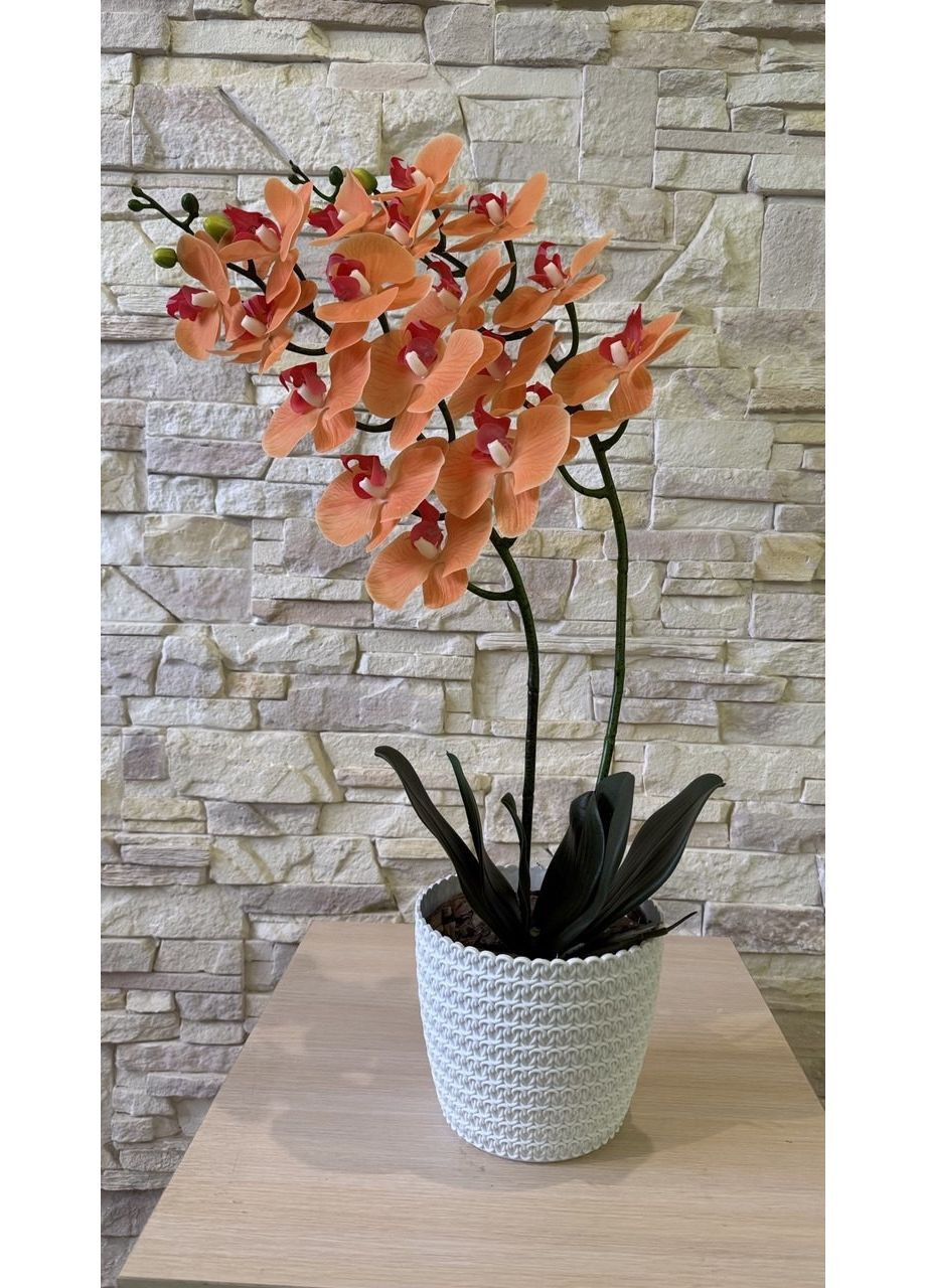Вазон орхидеи искусственного латексного оранжевого цвета на две ветви. Пластмакс (372838038)