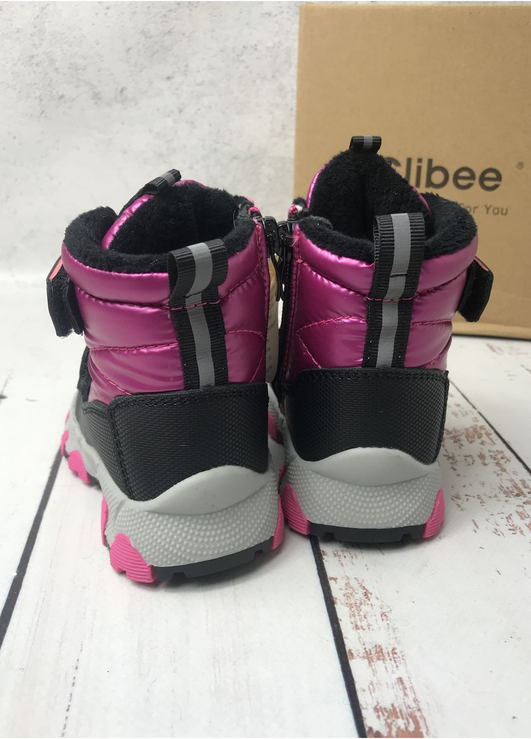 Цветные повседневные зимние ботинки дутики детские на девочку черно-розовый (1018) Clibee