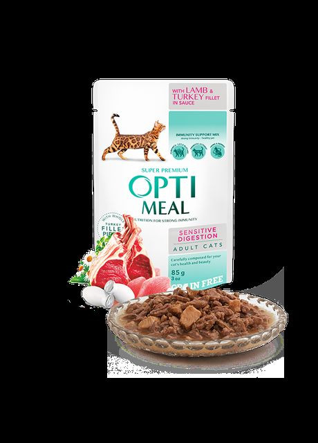 Влажный корм пауч для кошек с чувствительным пищеварением Ягненок и Индейка в соусе 85 г Optimeal (278308908)