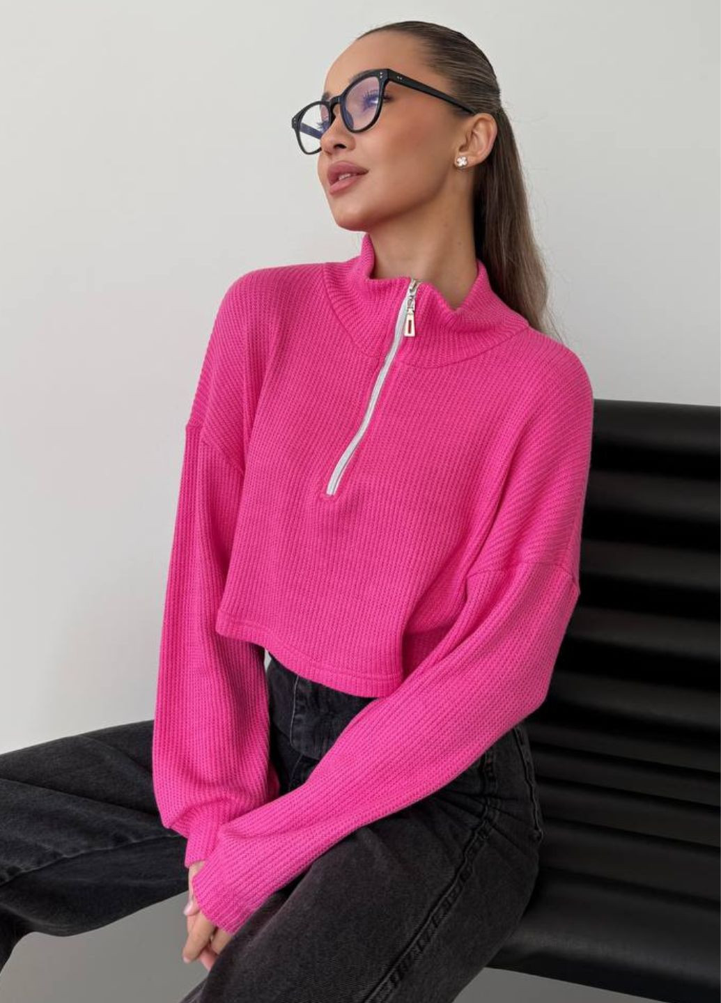 Рожевий демісезонний повсякденний вкорочений светр на блискавці з коміром стійкою Tik-Tak