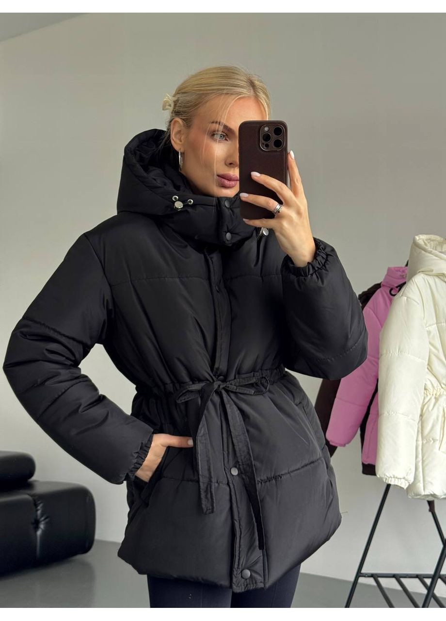 Чорна зимня обʼємна тепла куртка з капюшоном та поясом — заміри в описі куртка-пальто DK/DL Мода без кордонів