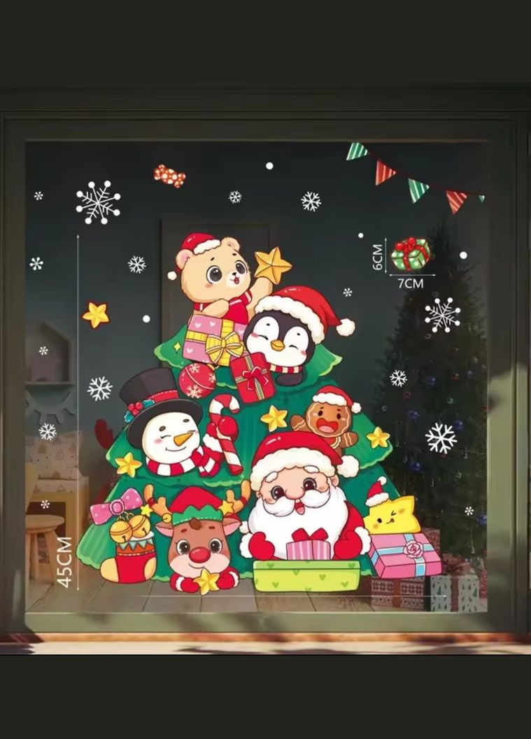 Новорічна наклейка на вікна Новий рік Ялинка святкова 50 на 70 см різнобарвний Jannet Наклейка (308040012)