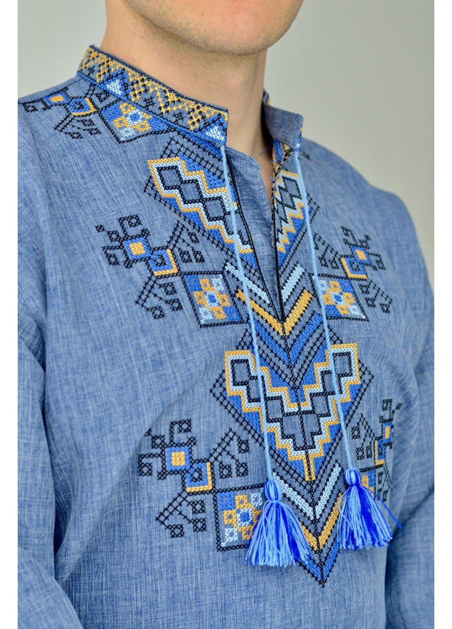 Синяя мужская вышиванка в цвете джинс. узор орнамент прямой, свободная габардин (353390246)