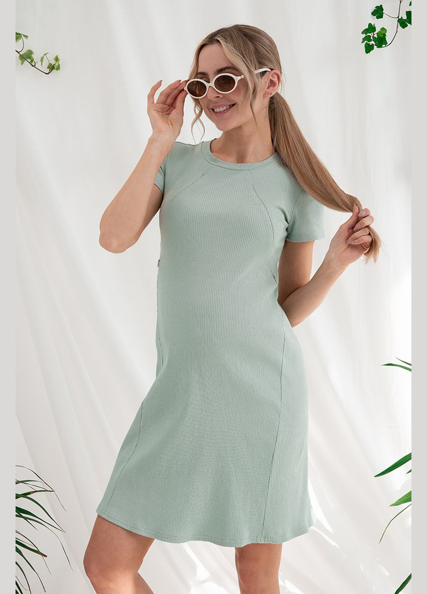 Оливковое оливковое удобное платье для беременных и кормящих из трикотажа в рубчик Юла мама