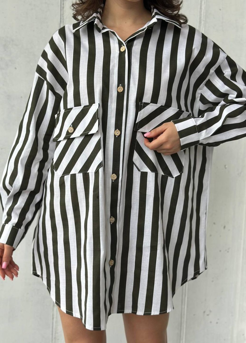 Оливковое (хаки) повседневный платье-рубашка оверсайз с длинным рукавом рубашка Tik-Tak в полоску