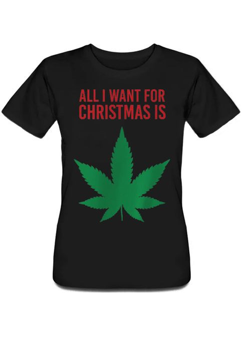 Черная летняя женская новогодняя футболка all i want for christmas is weed (чёрная) Fat Cat